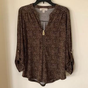 MICHAEL Michael Kors Brown Leopard Print Zip Front Blouse